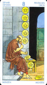 ʥ׳ΰ - Universal Waite Tarot - ǮҰ - Eight Of Pentacles