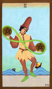 ɫΰ - Golden Rider Tarot - ǮҶ - Two Of Pentacles